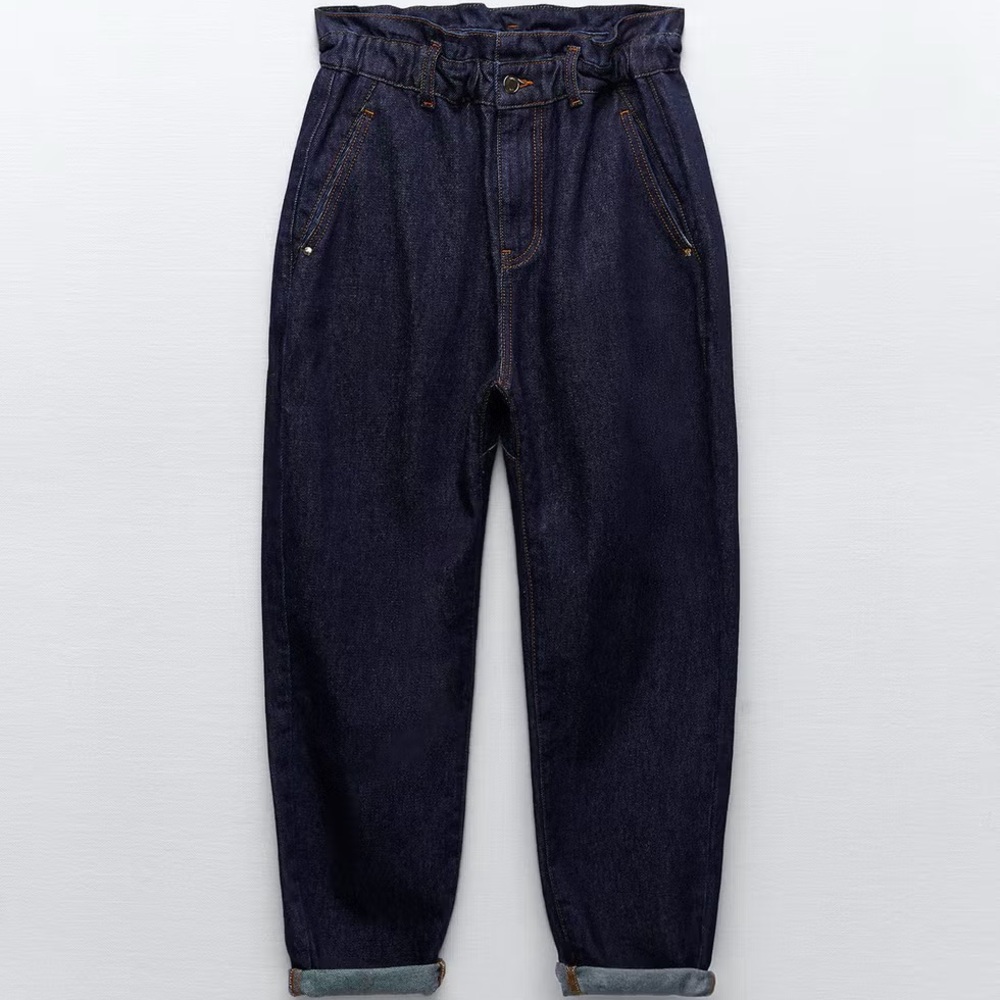 Zara Slouchy Baggy Paperbag Waist Jeans Blue High Rise Cropped Denim Size 10